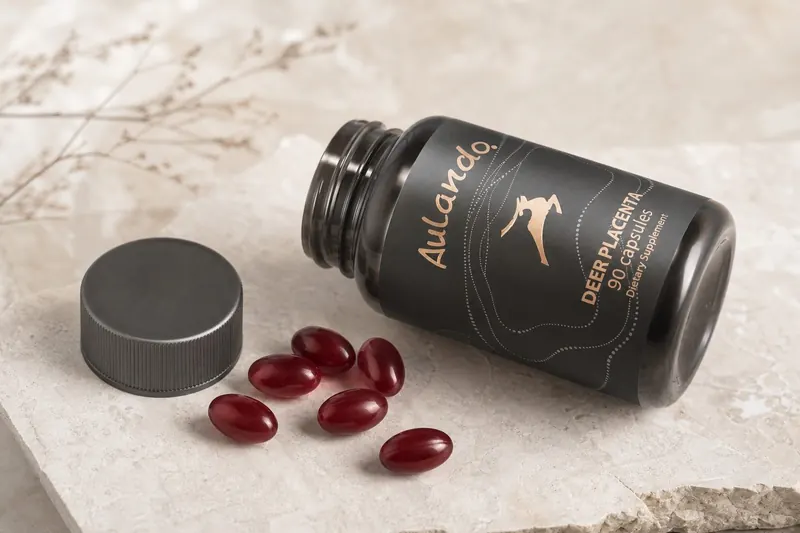 Open bottle of Aulando Deer Placenta with red softgel capsules