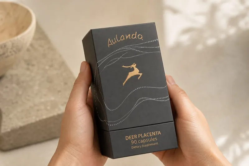 Hands holding an Aulando Deer Placenta box